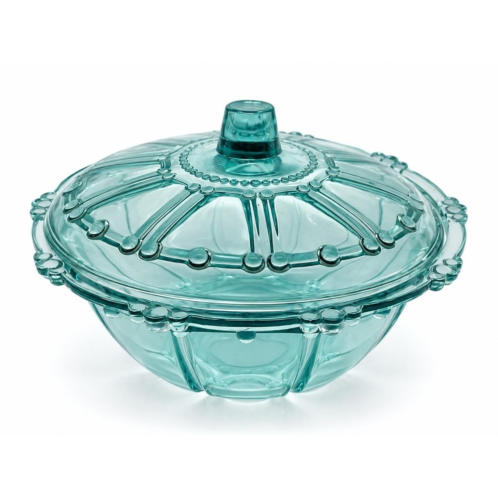 Vintage KIG Indonesia Teal Oyster Pearl Pressed Glass Lidded Candy Dish MCM